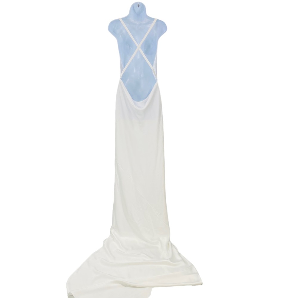 Norma Kamali Cross Back Bias Formal Satin Gown with Train in Snow White Size M - Picture 6 of 12